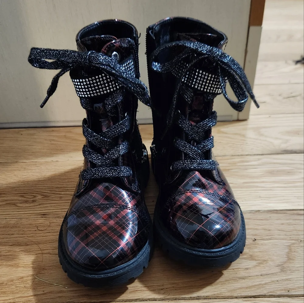 Jessica Simpson Lace Up Boots Zipper Plaid Bedazzle Size 12 Combat Boot
